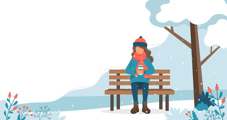 Wall Mural - Girl sitting on bench in winter with coffee. Cute vector illustration in flat style