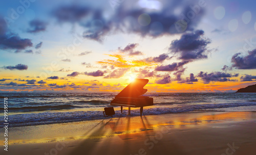 music-background-melody-and-song-concept-in-nature-surreal-image-of-grand-piano-in-scenic-sunset-beach