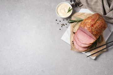 Sticker - Delicious ham served on grey table, flat lay. Space for text