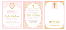 A Set Of Cute Pink Templates For Baptism Invitations. Vintage Rose Lace Frame With Golden Cross. Girl Christening Ceremony. A Little Princess Party. Baby Shower, Wedding, Girl Birthday Invite A5 Card
