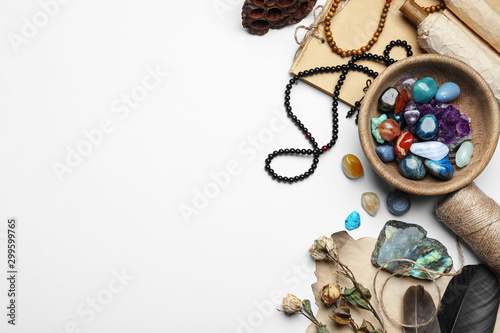 Fotografía Composition with different gemstones on white background, top view