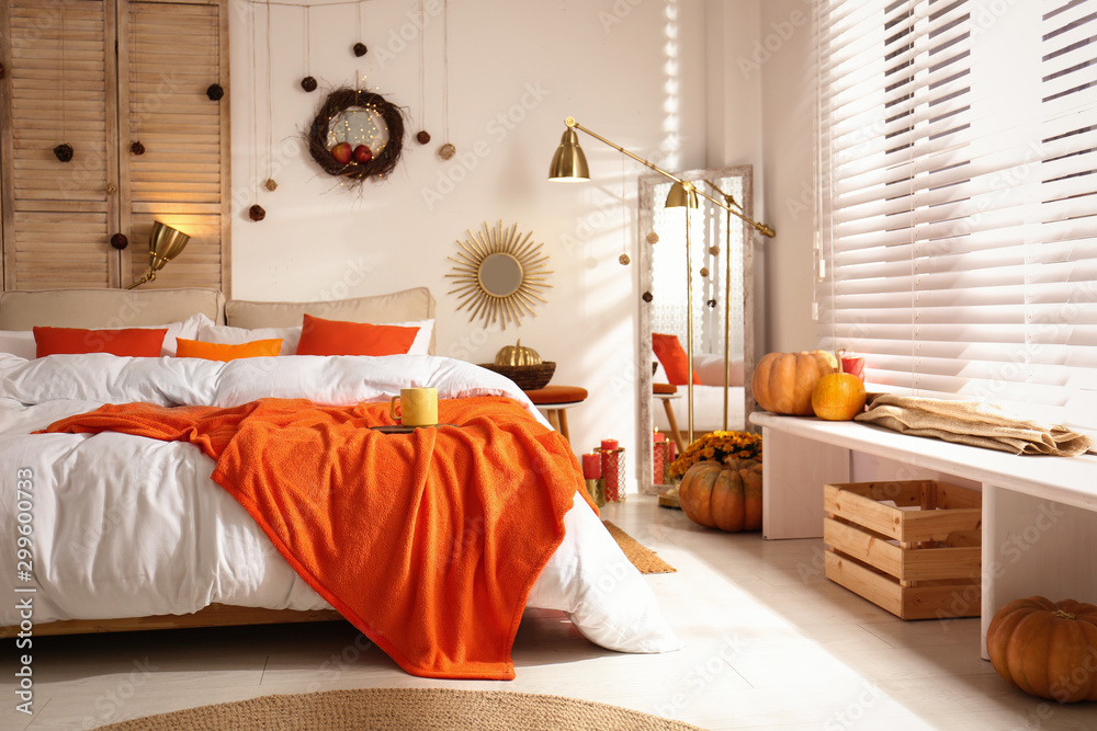 Cozy bedroom interior inspired by autumn colors - obrazy, fototapety, plakaty 