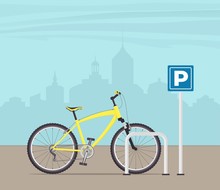 Bicycle Parking On A City Street. Yellow Modern Bicycle At Parking Sign. Vector Illustration In Flat Style.