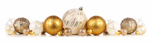 Christmas Border Of White And Gold Ornaments. Side View Isolated On A White Background.