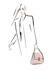 Wall Mural - Young stylish woman in coat. Beautiful elegant girl with bag. Fashion illustration in sketch style. Vector