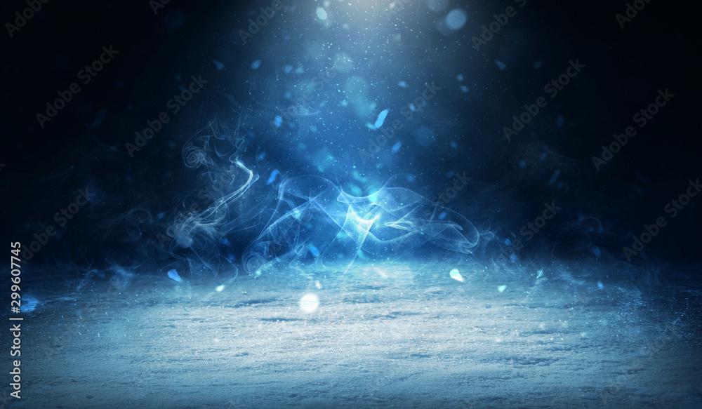 Winter abstract, blurred background with bokeh. Blurry night city lights in reflection on a snowy road. Neon light, falling snow, snowflakes. - obrazy, fototapety, plakaty 