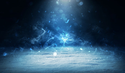 Poster - Winter abstract, blurred background with bokeh. Blurry night city lights in reflection on a snowy road. Neon light, falling snow, snowflakes.