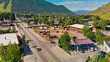 Panoramic aerial view of Jackson Hole homes and beautiful mountains on a summer morning, Wyoming