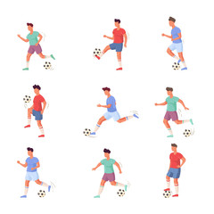 Set of football or soccer player characters in different actions. Vector illustration in flat cartoon style.