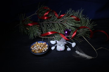 Canvas Print - 2020 new year chineese symbol mouse with nuts, seeds, grains, decorated pine branches on black background