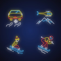 Wall Mural - Extreme winter activity neon light icons set. Risky sport hobby, adventure. Cold season outdoor leisure and recreation. Ice driving, heli skiing. Glowing signs. Vector isolated illustrations