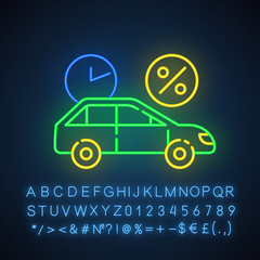 Wall Mural - Car finance neon light icon. Take credit to buy auto. Loan money for purchasing vehicle. Buying means of transportation. Glowing sign with alphabet, numbers and symbols. Vector isolated illustration