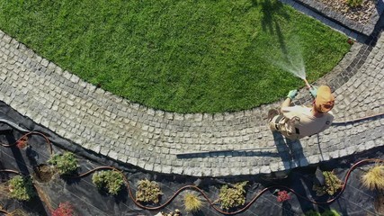 Wall Mural - Professional Landscaper at Work. Caucasian Pro Gardener Watering Newly Installed Natural Grass.