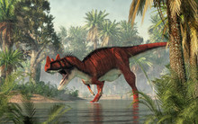 Ceratosaurus Was A Carnivorous Theropod Dinosaur Of The Jurassic Era Most Notable For The Horns On Its Snout Over Its Eyes. Here, One Wades In A River. 3D Rendering.