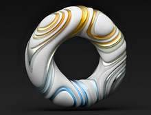 3d Render Abstract Fluffy Torus Or Donut Ring In Organic Curved Smooth And Round Shapes With Orange, Gold, Blue, Silver And Yellow Fuzzy Soft Hairs On Black Background