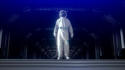 Wall Mural - astronaut in futuristic space corridor, room. the planet earth reflects in a spacesuit helmet. 3d re