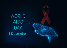 World AIDS Day Banner Template With Red Glowing Low Polygonal Ribbon Bow And Holding Hand