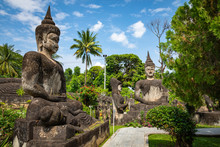 Buddha Park Xieng Khouane In Vientiane, Laos. Famous Travel Tourist Landmark Of Buddhist Stone Statues And Religious Figures.