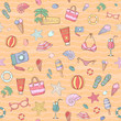 © AldanNa - Summer pattern, design with themed elements: swimsuit,camera, ball, palm, cocktail, shell, lifebuoy, beach bag, hat, sunscreen, sunglasses,ice cream, starfish on sand background