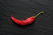 Single red dried banana pepper on a dark gray slate with copy space