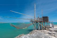 Typical Traditional Fishing Trabucco At The Beach Of Vieste Along The Adriatic Sea In Puglia, Italy.