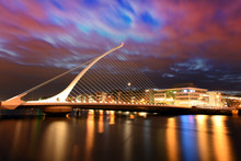 Samuel Beckett Bridge At Night Over Liffey River And Docklands, Dublin, Ireland, The Harp Bridge 