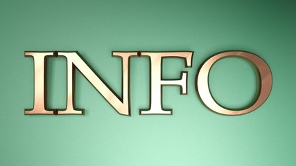 Poster - The write INFO, in satin copper letters, on a metallic green background, with two horizontal lines going from one side to the other and coming back - 3D rendering video clip