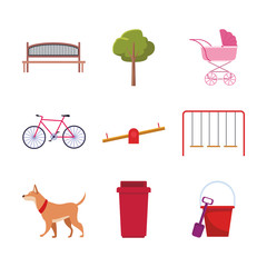 Wall Mural - set of park objects and dog, flat design