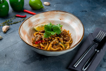 Sticker - beef wok noodles on grey table