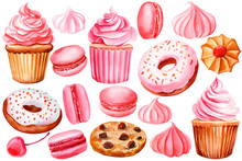 Set Of Of Cakes, Meringues, Macaroons, Cookies, Sweets, Donut, Cupcakes On An Isolated White Background, Watercolor Illustration