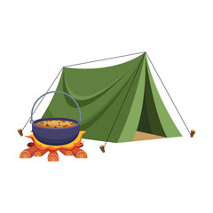 Wall Mural - camping tent and bonfire with pot icon, flat design