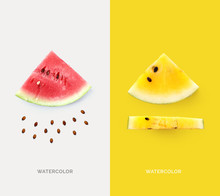 Creative Layout Made Of Pink And Yellow Watermelon. Flat Lay. Food Concept. Macro Concept.