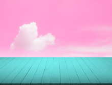 Pastel Cyan Wood Panel Texture Perspective Template On Sky Background And White Cloud With Heart Shape