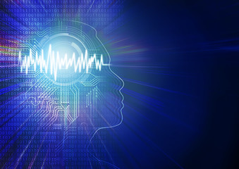 head outline with circuit board and number binary digit with sound wave effect on the brain on blue background, Artificial intelligence or ai concept