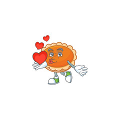 Sticker - orange pie with holding heart character on white background.