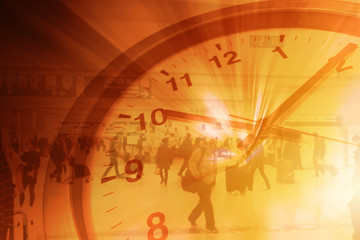 Wall Mural - Working Hours Business Times with business people walking in subway overlay with clock concept.