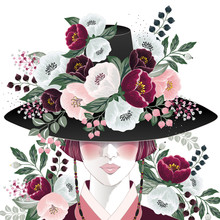 Vector Illustration Of A Beautiful Girl Wearing A "Gat", Korean Traditional Hat Decorating With Flowers. Design For Banner, Poster, Card, Invitation And Scrapbook