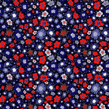Floral Pattern With Red And Blue Flowers On Dark Background. Printing With Small Blossoms. Ditsy Print. Beautiful Botanical Backdrop In Modern Vintage Style. Seamless Vector Texture.