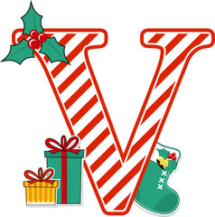 capital letter v with red and white candy cane pattern and christmas design elements isolated on white background. can be used for holiday season card, nursery decoration or christmas paty invitation