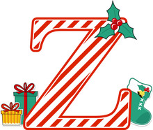 Capital Letter Z With Red And White Candy Cane Pattern And Christmas Design Elements Isolated On White Background. Can Be Used For Holiday Season Card, Nursery Decoration Or Christmas Paty Invitation