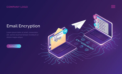 Poster - email encryption, data security isometric concept vector. open laptop, envelope with message on scre