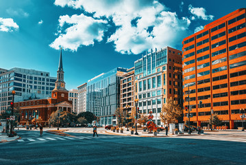 Wall Mural - Washington, USA, New York Avenue Presbyterian Church and urban cityscape of the city.