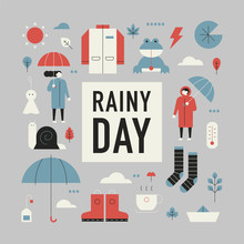 Various Symbolic Objects On A Rainy Day. Vector Design Illustrations.