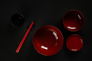 Wall Mural - bowl Kitchenware set on black background