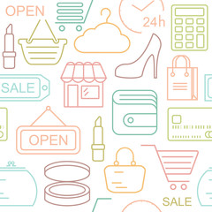 Poster - Seamless shopping background with colored line style icons. Linear style fashion pattern.