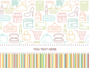 Poster - Seamless shopping background with colored line style icons. Linear style fashion pattern.