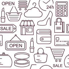 Poster - Seamless shopping background with colored line style icons. Linear style fashion pattern.