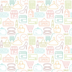 Poster - Seamless shopping background with colored line style icons. Linear style fashion pattern.