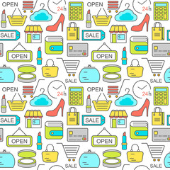 Poster - Seamless shopping background with colored line style icons. Linear style fashion pattern.