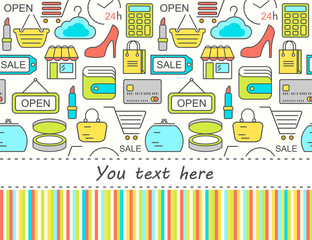 Poster - Seamless shopping background with colored line style icons. Linear style fashion pattern.